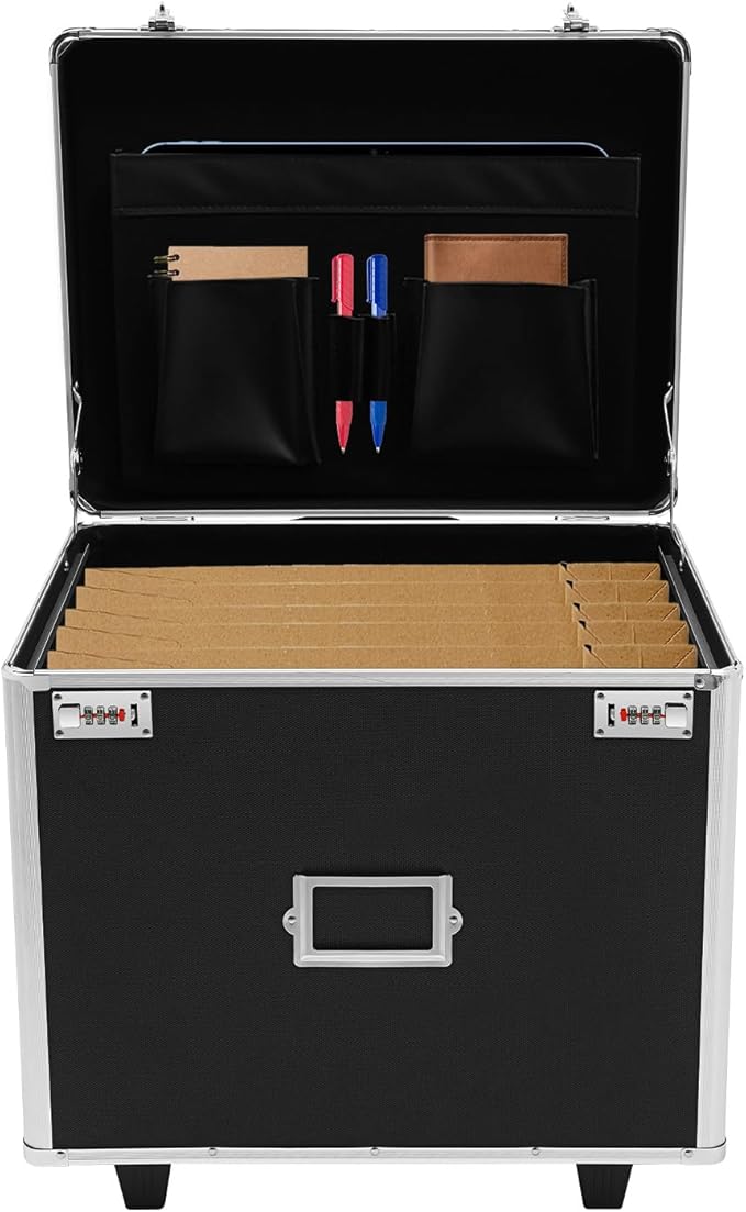Portable File Box with Handle, Locking File Storage Box with Wheels, 19.2x15x16 Double Locking Rolling File Cabinet, Mobile Busniness Case for Office Home,Offices, Hospitals, Banks