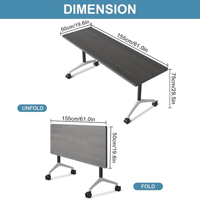 Folding Conference Table, Conference Room Tables Foldable Large Meeting Seminar Table on Wheels,Flip Top Boardroom Training Tables for Office, Classroom,Meeting (4, Grey, 61in)