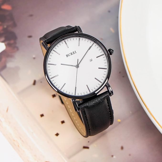 BUREI Men Watches Brown Leather Fashion Minimalist Wrist Watch Simple Ultra Thin Waterproof Quartz Watches All Black Stainless Steel Mesh Band,Gift for Men Women