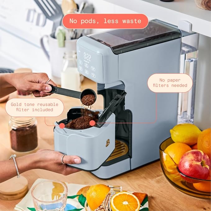 Beautiful Single Serve Coffee Maker with Built-In Burr Grinder, Hot or Iced, Pod-Free, 6 Brew Sizes, 3 Strengths, Touch Display, Reusable Filter, 64oz Reservoir, Slim Design (Cornflower Blue)