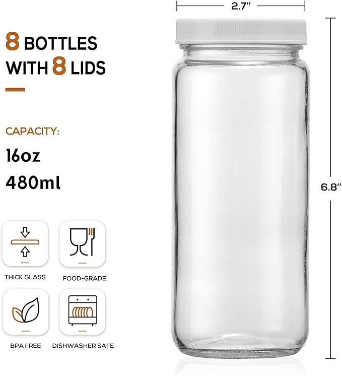 [ 8 Pack ] Glass Juicing Bottles with 2 Straws & 2 Lids w Hole- 16 OZ Travel Drinking Jars, Water Cups with White Airtight Lids, Reusable Tall Mason Jar for Juice, Bubble Tea, Smoothie, Tea, Kombucha