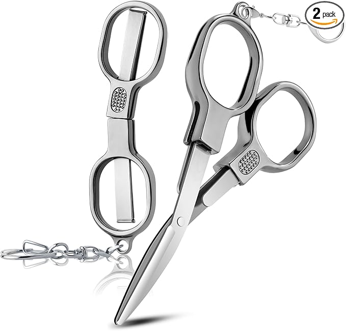 2 Pcs Folding Stainless Steel Portable Mini Small Travel Scissors, Safety Foldable Pocket Badge Nursing Scissors with 2 Keychain for Travel, Home, Office, Craft, Sewing (Silver)