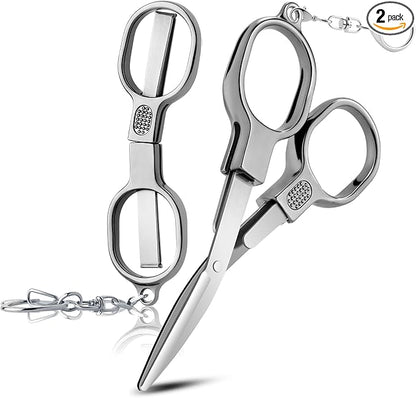 2 Pcs Folding Stainless Steel Portable Mini Small Travel Scissors, Safety Foldable Pocket Badge Nursing Scissors with 2 Keychain for Travel, Home, Office, Craft, Sewing (Silver)