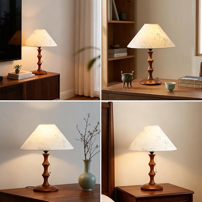 Retro Side Table Lamp Rustic Bedside Lamp with Pull Chain Switch and Linen Shade Farmhouse Nightstand Lamp Wood Desk Lamp for Bedroom Living Room Office Study