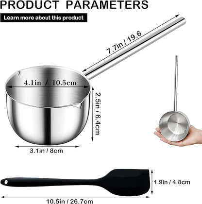Mini Butter Warmer Pot, Milk Pot with Long Handle Sauce Pan with Pour Spout, Butter Melting Pots with Silicone Spatula for Chocolate,Candy,Coffee Tea Soup, 500ML, Silver