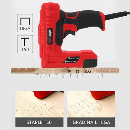 Werktough Electric Brad Nailer Staple Gun 2 in 1 Good for Home Decoration Leather and Carpentry 3000pcs Free Nails and Staples (T50 Staples:12mm,14mm Each 1000pcs, 18GA Brad Nails:14mmx1000pcs)-Red