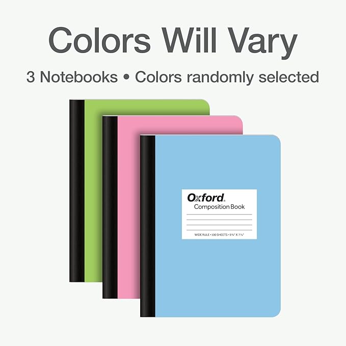 Oxford Composition Notebooks, 3 Pack, Cover Colors Vary, Wide Ruled Paper, 9-3/4 x 7-1/2 Inch School Journals, Assorted Pastel Covers, 100 Sheets per Book (1002519)