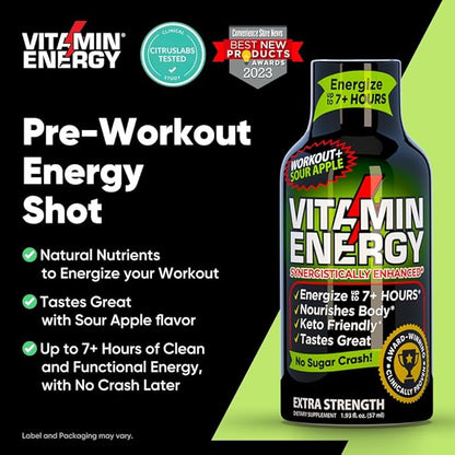 Vitamin Energy Workout+ Extra Strength Energy Shot Sour Apple 48 Pack, 260mg Natural Caffeine, Pre-Workout, B-Vitamins, Minerals, Endurance & Performance, Zero Sugar, Gluten-Free, Vegan, 1.93 fl oz