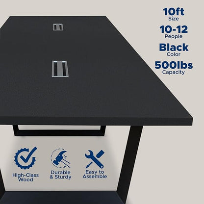 Sturdy Conference Table with Cable Management Grommets Modern Rectangle Office Meeting Table with Wood Tabletop and Metal Frame & Legs- Easy Assembly Boardroom Table (Black, 10 Foot)