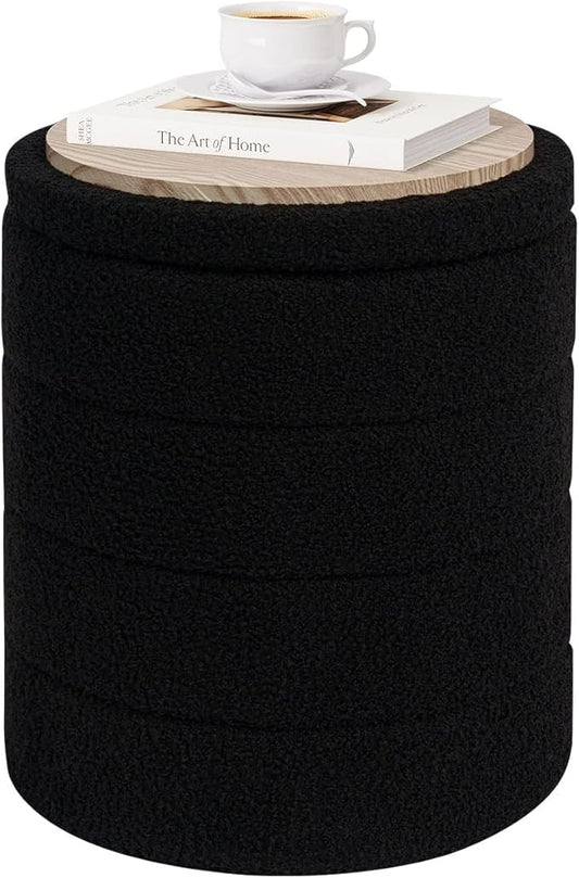 PINPLUS Round Storage Ottoman Foot Rest Stool with Tray Velvet Sherpa Folding Storage Ottoman,Boucle Foot Rest for Living Room, Bedroom, Dorm（Black）