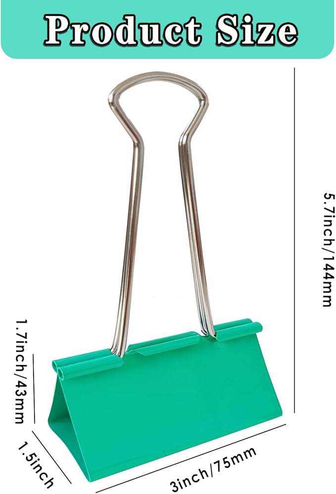 18PCS Jumbo Binder Clips 3 Inch, Green, Binder Clips Extra Large Heavy Duty for Office Supplies