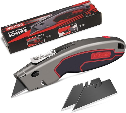 HAUTMEC Heavy-Duty Utility Knife, Safety Box Cutter with Auto-Retracting & 3-Position Locking Dual-System, Built-In Wire Stripper, Blade Storage and 3 Ultra-sharp SK4 Blades – HT0311