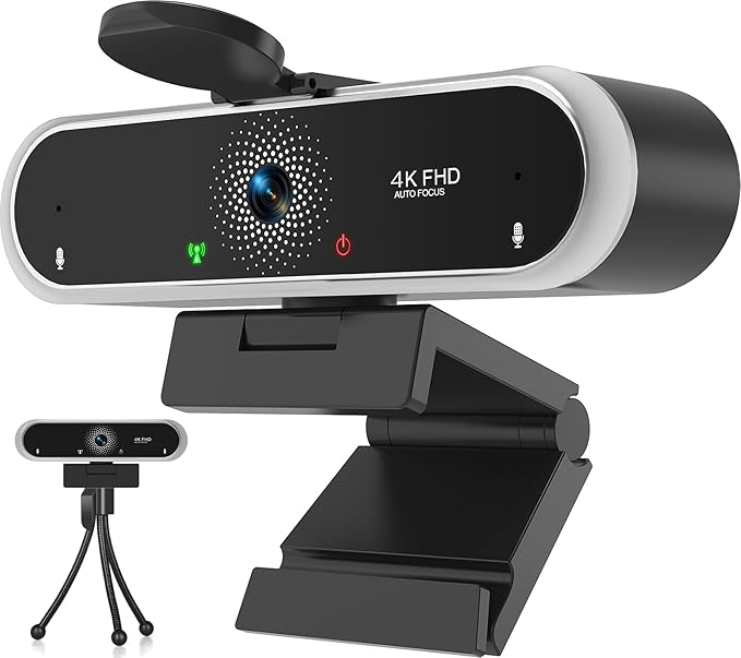 Webcam 4K with Microphone and Webcam Cover Plug and Play with Auto Light Correction for Laptop PC Desktop for Live Streaming Video Call Conference