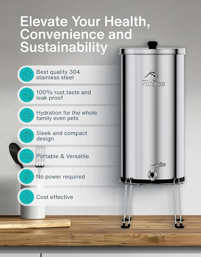 Filteroo® Superoo Countertop Gravity Water Filter System - 5.28 Gal/20L | 304 Stainless Steel | 2 Carbon Filters | NSF/ANSI Tested Gravity-Fed Water Purifier | Remove Bacterias & Heavy Metals