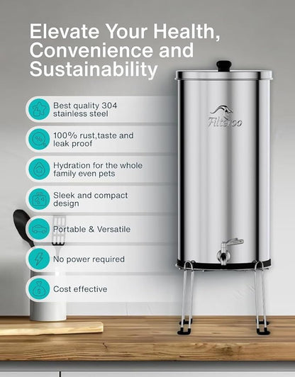 Filteroo® Superoo Countertop Gravity Water Filter System - 5.28 Gal/20L | 304 Stainless Steel | 2 Carbon Filters | NSF/ANSI Tested Gravity-Fed Water Purifier | Remove Bacterias & Heavy Metals