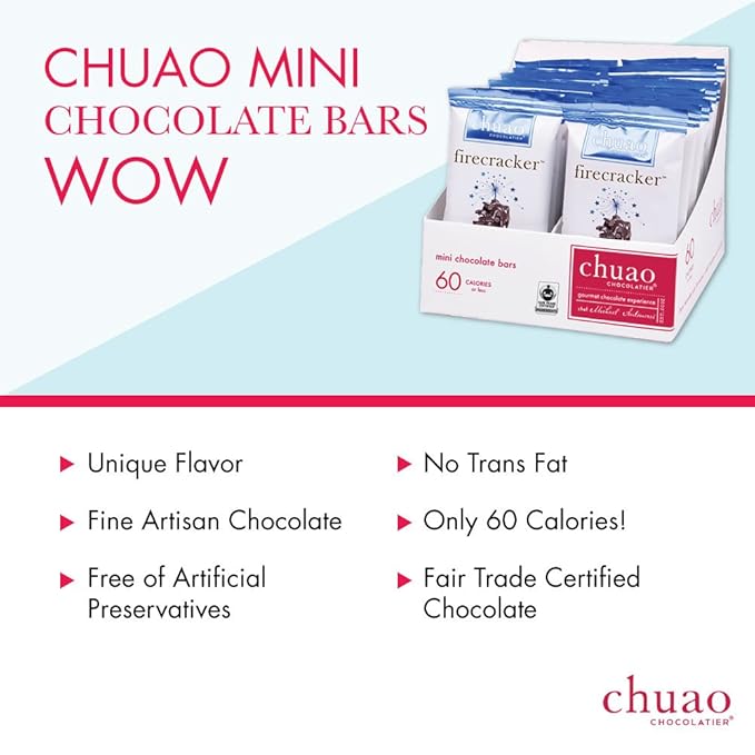 Chuao Chocolatier Firecracker Dark Chocolate Mini Bars | Gourmet Sea Salt Chipotle Popping Candies No Preservatives | For Gift Baskets, Christmas, Birthday, Care Package | 24 Pack