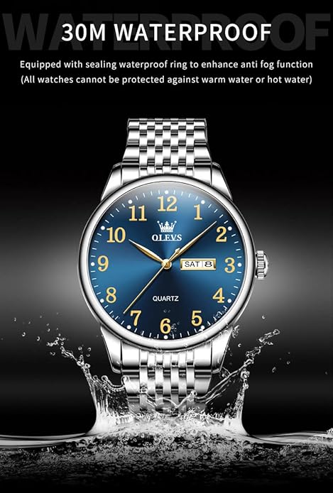 OLEVS Mens Watch Stainless Steel Analog Quartz Watches for Men Day Date Easy Read Diamond Waterproof Dress Luxury Classic Casual Big Face Blue/Black/Gold/Silver Roman Arabic Numerals Men's Wrist Watch