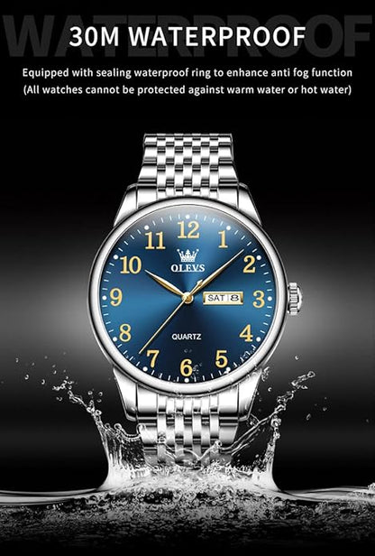 OLEVS Mens Watch Stainless Steel Analog Quartz Watches for Men Day Date Easy Read Diamond Waterproof Dress Luxury Classic Casual Big Face Blue/Black/Gold/Silver Roman Arabic Numerals Men's Wrist Watch