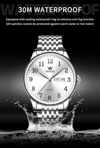 OLEVS Mens Watch Stainless Steel Analog Quartz Watches for Men Day Date Easy Read Diamond Waterproof Dress Luxury Classic Casual Big Face Blue/Black/Gold/Silver Roman Arabic Numerals Men's Wrist Watch