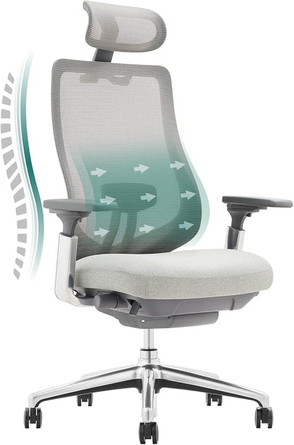 COLAMY Ergonomic Mesh Office Chair, High Back Computer Executive Desk Chair with Adjustable Headrest and 4D Arms, Slide Seat, Tilt Lock-Light Grey