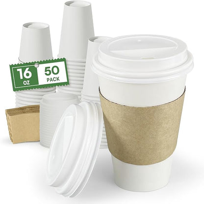 Disposable Coffee Cups with Lids & Sleeves 16 oz Paper Cups, 50 Pack To Go Hot Cups with Lids, BPA Free Thickened Leak Proof White Disposable Cups for Everyday Use Office Coffee Bar Supply Essentials
