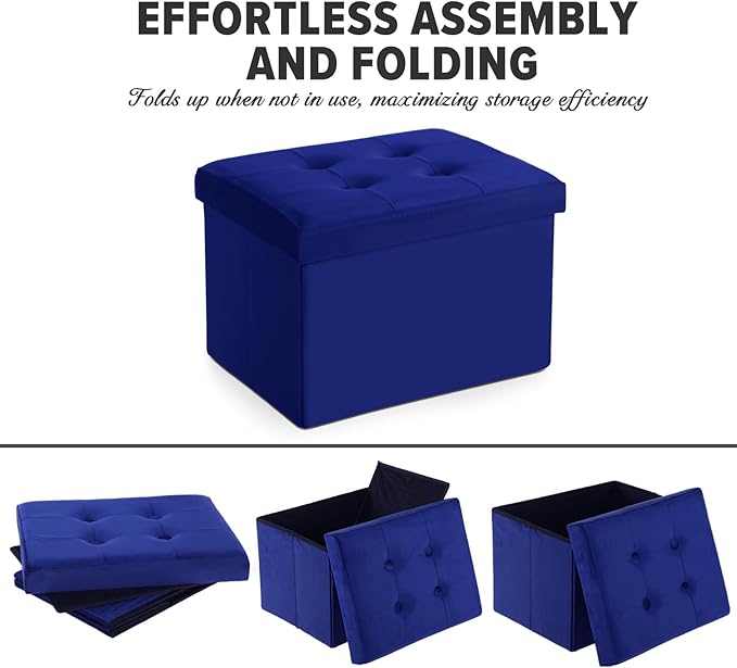 LINMAGCO Small Velvet Ottoman with Storage Rectangle Foot Rest Under Desk Stool for Room Folding Ottoman Furniture with Button turfted-Navy 16X12X12IN