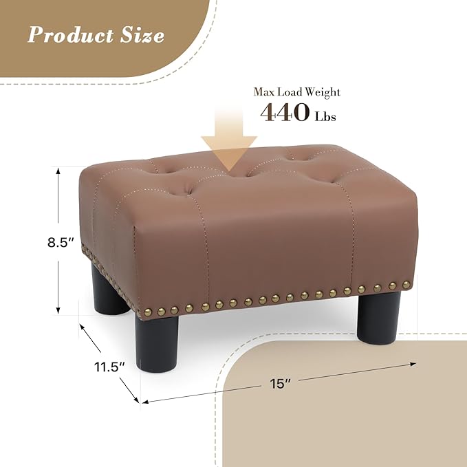 Athena Collection Small Ottoman Foot Rest with Legs, PU Leather Ottoman Foot Stool with Soft Padded seat, Square Footstool FootRest for Living Room, Bedroom, Office, Brown