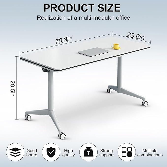 Conference Table Folding Conference Room Tables, Modern Mobile Meeting Training Table with Silent Wheels, Foldable Seminar Table for Offices, Classrooms, Libraries (8, Grey2, 70.8in)