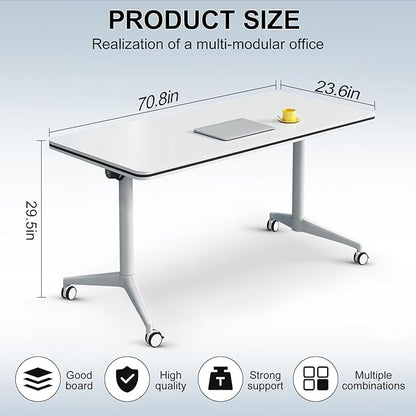 Conference Table Folding Conference Room Tables, Modern Mobile Meeting Training Table with Silent Wheels, Foldable Seminar Table for Offices, Classrooms, Libraries (8, Grey2, 70.8in)