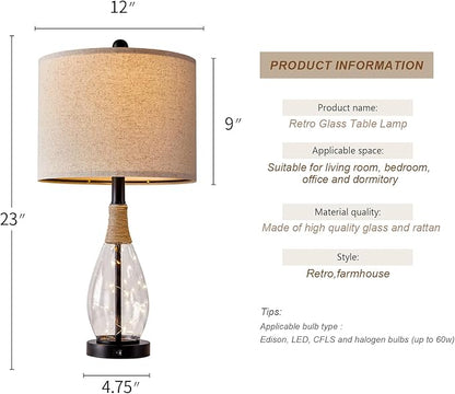 OYEARS 23" Farmhouse Table Lamps for Living Room – Set of 2 Boho Rattan Bedside Lamps with USB-C & USB-A Ports, Glass Nightlight, Dual Light Sources, Black