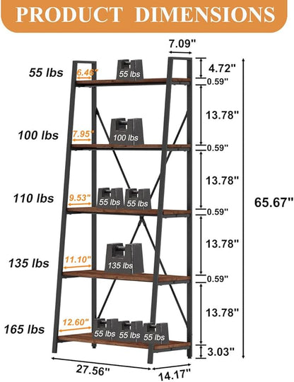 BON AUGURE Ladder Shelf Bookcase, 5-Tier Industrial Ladder Bookshelf, Tall Living Room Shelves, Wood and Metal Leaning Shelf for Home Office, Kitchen, Bedroom, Balcony (Rustic Oak)