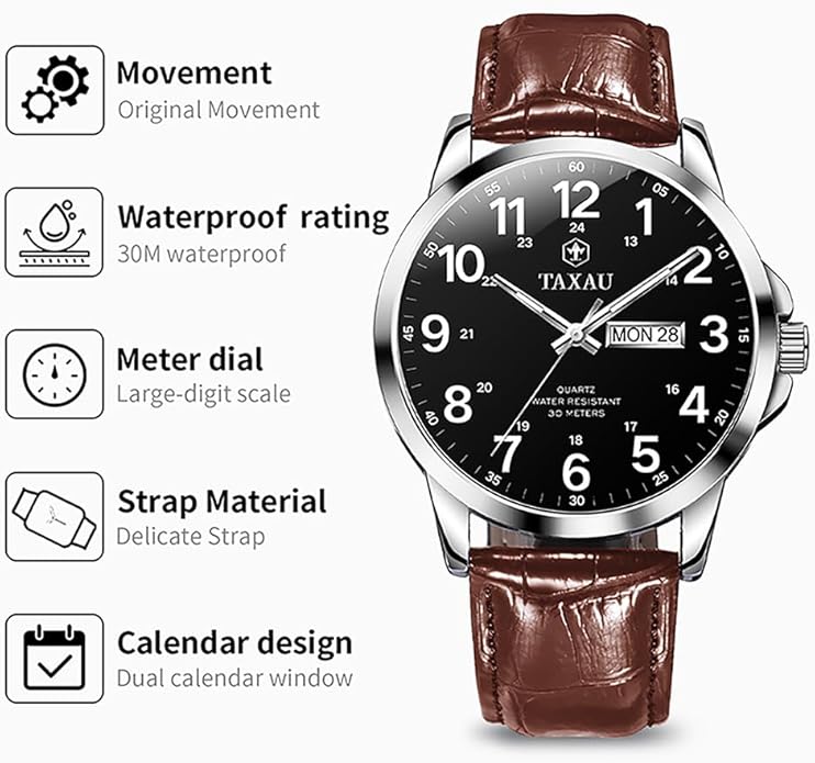 Watches for Men Leather Large Arabic Numerals Mens Watches Waterproof Band with Date Quartz Men's Wrist Watch