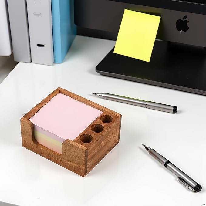 Acacia Wood Sticky Note Holder with 3 Pen Holders, 3x3 Post It Note Dispenser with Anti-Slip Pads, All-in-One Wooden Desk Organizer for Office Home School (4.0“x3.5"x2")