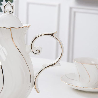 tea pot ceramic with lid, 38.8 Oz for Tea, Milk, Coffee, Flower tea(White with gold thread)