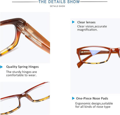 Henotin 5-Pack Reading Glasses Blue Light Blocking Anti Eyestrain Computer Reading Glasses for Women and Men Readers (Mix Color-C2, 1.75, Diopters)