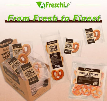 AFreschi Turkey Tendons for Dogs, USA-Sourced, Healthy Dog Treats, Rawhide-Free Puppy Chews, Long Lasting, All Natural, Hypoallergenic Dog Treats for Medium Breeds, 3 Count Pack Pretze (M)