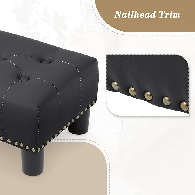 Athena Collection Small Ottoman Foot Rest, Leather Upholstered Foot Stool Ottoman Modern Small Storage Ottoman Rectangular Foot Rest for Couch Mini Ottoman Footstool with Legs & Nailhead Trim, Black
