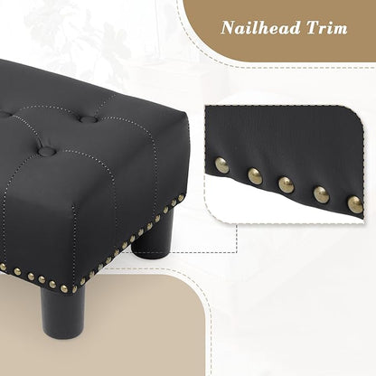 Athena Collection Small Ottoman Foot Rest, Leather Upholstered Foot Stool Ottoman Modern Small Storage Ottoman Rectangular Foot Rest for Couch Mini Ottoman Footstool with Legs & Nailhead Trim, Black