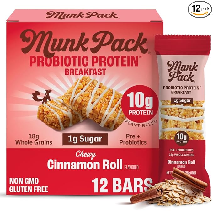 Munk Pack Cinnamon Roll Probiotic Protein Bars Stocking Stuffers | 10g Plant Protein, 1g Sugar, 6g Fiber | Diabetic-Friendly Ideal Breakfast Bars - On-the-Go Snacks, Gluten-Free, Non-GMO | 12 Count