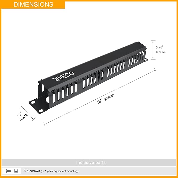RIVECO 1U Cable Management for Racks & Server Cabinets Managing Cord & Wire, Cable Raceway for 19” Rack Mount 24 Slots Large 2.8 Inches Capacity Black, 1 Piece