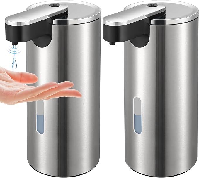 2 Pack Automatic Soap Dispenser Touchless, Stainless Steel Motion Sensor Pump 12oz - Hands-Free for Kitchen Bathroom Sink, Waterproof (Silver)