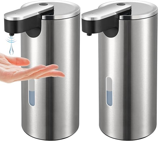 2 Pack Automatic Soap Dispenser Touchless, Stainless Steel Motion Sensor Pump 12oz - Hands-Free for Kitchen Bathroom Sink, Waterproof (Silver)