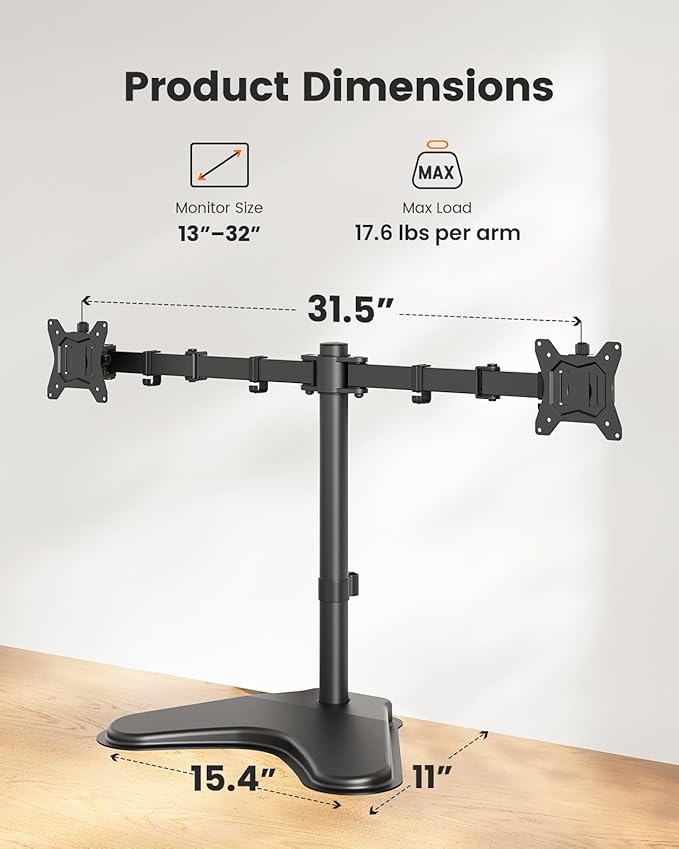 ErGear Freestanding Dual Monitor Stand for 2 Screens up to 32 inch, Heavy Duty Monitor Mount Holds Max 17.6 lbs per Arm, Height Adjustable Computer Monitor Stand for Desk, VESA 75x75/ 100x100mm, Black