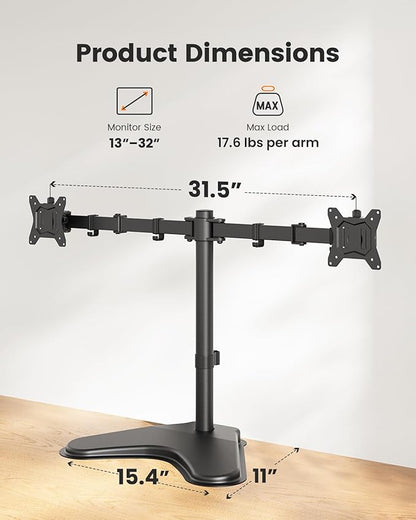 ErGear Freestanding Dual Monitor Stand for 2 Screens up to 32 inch, Heavy Duty Monitor Mount Holds Max 17.6 lbs per Arm, Height Adjustable Computer Monitor Stand for Desk, VESA 75x75/ 100x100mm, Black
