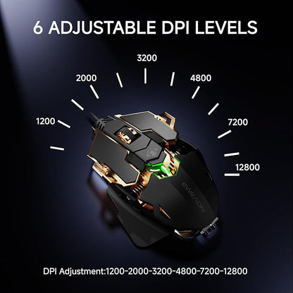 EWEADN G5 Wired Gaming Mouse, Ergonomic RGB Computer Mouse, 12800 Adjustable DPI, 9 Programmable Macro Buttons with Rapid Fire Key Compatible for PC/Laptop/Windows- Black&Gold
