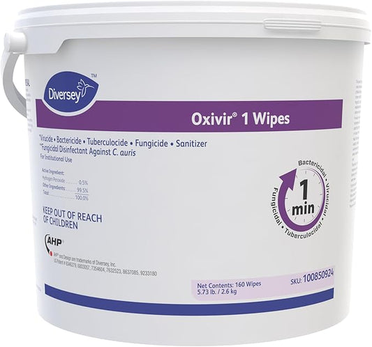 Oxivir Diversey 1 100850924 Disinfectant Cleaning Wipes, Virucidal, Pre-Moistened with Accelerated Hydrogen Peroxide AHP, Unscented, 160 Extra Large 11x12-Inch Wipes, 1-Bucket