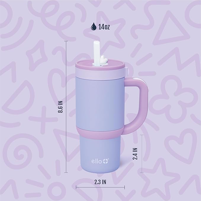 Ello Oasis 14oz Stainless Steel Toddler Tumbler with Handle & Retracting Straw, 100% Leakproof, Double-Wall Vacuum Insulated, Kids Water Bottle for School, BPA Free, Dishwasher Safe, Lavender Fields