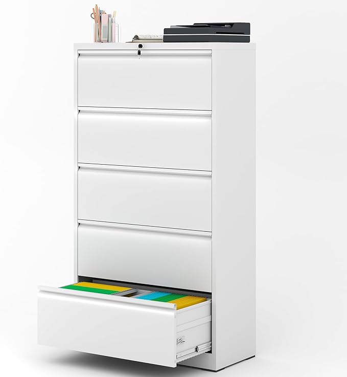 File Cabinet with Lock, 5 Drawer Lateral Filing Cabinet for Home Office, White Metal Heavy Duty File Cabinets for Hanging Letter/Legal/F4/A4 Size Files, Assembly Required