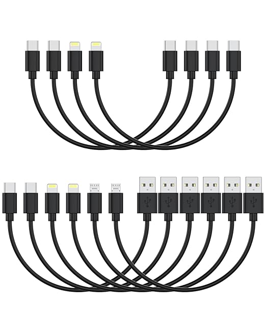 [1FT, 10-Pack] Multi Short USB Charging Cables, Fast Charge & Sync Type-C/Lightning/Micro Cords Bulk for Charging Station Compatible with iPhone16&15, iPhone5-14, iPads, iPods, Mobiles, Tablets, Black