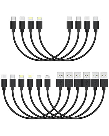 [1FT, 10-Pack] Multi Short USB Charging Cables, Fast Charge & Sync Type-C/Lightning/Micro Cords Bulk for Charging Station Compatible with iPhone16&15, iPhone5-14, iPads, iPods, Mobiles, Tablets, Black